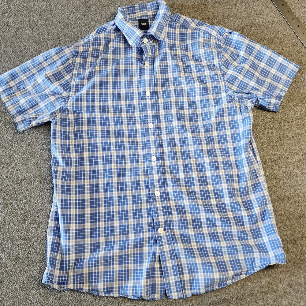 Gap Clothing Co Mens Button Up Shirt Short Sleeve Classic Fit Blue Plaid M